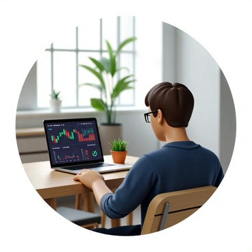 A person with short brown hair and wearing rectangular glasses sits at a wooden desk, intently focused on a laptop screen. The laptop displays colorful graphs and charts related to cryptocurrency assets, with bright green and red indicators. The room has a modern aesthetic, with a potted plant on the desk and a large window in the background letting in natural light. The person is dressed in a casual blue shirt, and their expression shows concentration as they analyze the data on the screen.