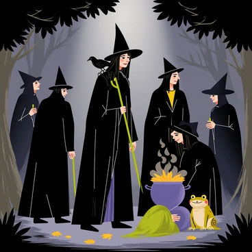 A group of witches stands in a dimly lit forest clearing. Each witch is dressed in dark, flowing robes, with pointed hats casting shadows over their faces. Among them, a tall witch with long black hair holds a gnarled staff. A crow perches on her shoulder, its glossy feathers catching a hint of moonlight. Another witch crouches near a bubbling cauldron, a warty toad sitting on a nearby moss-covered rock. The air is thick with mist, and the ground is littered with fallen leaves, creating an atmosphere of mystery.