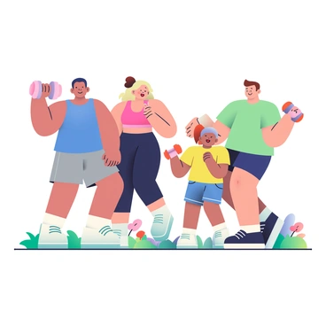 A family of four is in their backyard, happily engaged in bicep curls with dumbbells. The father, with short black hair, is wearing a blue tank top and gray shorts, lifting a dumbbell in his right hand. The mother, with long brown hair tied up, is dressed in a pink sports bra and black leggings, performing a curl with a light pink dumbbell. Their daughter, with curly blonde hair, is in a bright yellow t-shirt and denim shorts, matching her parents' energy as she lifts a small purple dumbbell. The son, with short brown hair, is in a green t-shirt and navy shorts, enthusiastically showing off his curls with a red dumbbell. The backyard is filled with green grass and colorful flowers, creating a cheerful atmosphere. The family is smiling and encouraging each other, emphasizing the joy of exercising together.