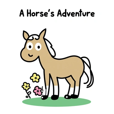 A simple drawing of a horse with a light brown coat and a white mane. The horse is standing on a green grass field. It has large, expressive eyes and a small smile. Surrounding the horse are a few colorful flowers with red and yellow petals. Above the horse, the words "A Horse's Adventure" are written in a playful font.