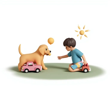 A young child, wearing a bright blue t-shirt and colorful shorts, is kneeling on a soft green grass surface. The child is holding a red toy truck in one hand and is reaching out with the other hand towards a playful golden retriever puppy. The puppy, with its wagging tail and bright eyes, has a small yellow rubber ball in its mouth. Both the child and the puppy are looking at each other with expressions of excitement and joy. The sun casts a warm light, creating a cheerful atmosphere around them.