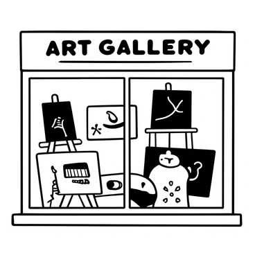 A large window display of an art gallery featuring various finished artworks mounted on boards of different sizes. The boards are arranged in an eye-catching layout, with some horizontally placed and others vertically. Each artwork displays intricate details, showcasing a range of styles and techniques. There are shadows cast by the boards, creating a depth effect in the scene. The gallery's name "Art Gallery" is displayed prominently above the window in bold lettering.