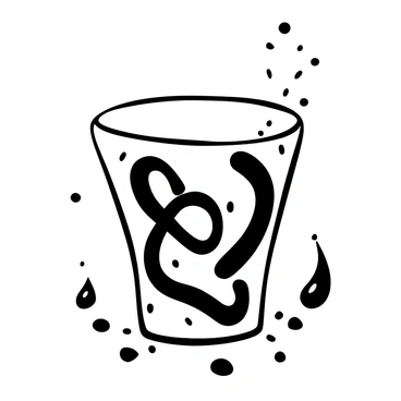 A shot glass placed on a textured surface, featuring intricate "abstract swirls of paint" splattered across its surface. The swirls create a dynamic interplay of shapes and patterns, enhancing the glass's form. Surrounding the shot glass are scattered droplets of paint, adding to the overall composition.