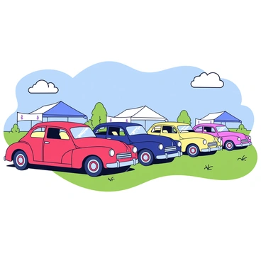 A lineup of iconic vintage cars parked in a sunny outdoor exhibition setting. Each car features a distinctive design, showcasing a variety of colors including bright red, navy blue, and creamy yellow. The cars have shiny chrome bumpers and detailed vintage wheels. The background consists of a clear blue sky with a few fluffy white clouds. There are green grass patches and small tents with banners set up around the exhibition area.