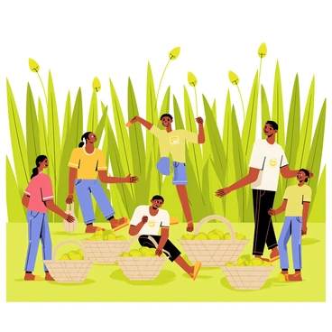 A vibrant scene depicting families gathering "tamarind pods" during the "harvest season". The lush green field is filled with tall plants, various shades of green surrounding the families as they work. Children are seen reaching up to pick the pods from the trees, while adults are crouched down collecting fallen pods in large woven baskets. The warm sunlight casts soft shadows on the ground, highlighting the excitement of the gathering. Some family members smile and chat with each other as they participate in the harvest, creating a sense of togetherness.