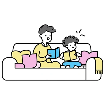 A parent, wearing a soft sweater, is sitting on a large, comfy sofa covered in a light fabric. The parent holds an open book in their hands, reading aloud. A child, with curly hair, is nestled close, looking up with fascination. The sofa is surrounded by an assortment of colorful pillows in various shapes and sizes. A warm blanket is draped over one arm of the sofa, adding to the coziness of the scene. The room is softly lit, creating an inviting atmosphere.