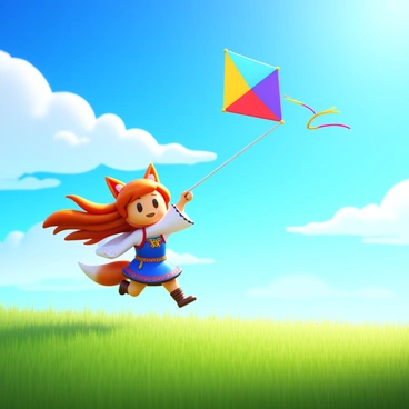 A character resembling "Ahri" with fox-like features is flying a colorful kite. The kite has long tails that flutter in the wind. She has flowing hair and wears a vibrant outfit with details that resemble traditional attire. The background features a vast open meadow with tall grass swaying gently in the breeze. The sky is bright and blue with a few fluffy white clouds scattered throughout. Sunlight casts soft shadows on the ground, enhancing the scene's liveliness.