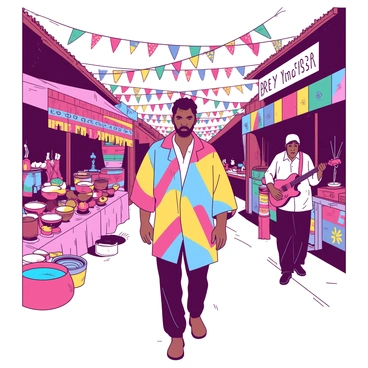 An ex-artist wearing a colorful, oversized shirt is walking through a vibrant street market. The market stalls are filled with an array of colorful goods, including hand-painted ceramics and bright textiles, creating a lively atmosphere. The ex-artist's face displays a look of inspiration as they take in the sights and sounds around them. Nearby, a group of local musicians is playing lively music, and the sounds mingle with the chatter of shoppers. In the background, colorful banners are strung between the stalls, fluttering gently in the breeze.