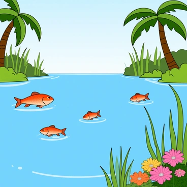 A serene lagoon with clear blue water reflecting the sky. In the foreground, several small redfish are swimming near the surface, their bright scales shimmering in the sunlight. The lagoon is surrounded by lush green vegetation including tall grasses and a few tropical trees with broad leaves. Light ripples on the water create a gentle motion, and a few colorful flowers bloom at the water's edge, adding splashes of color to the scene.