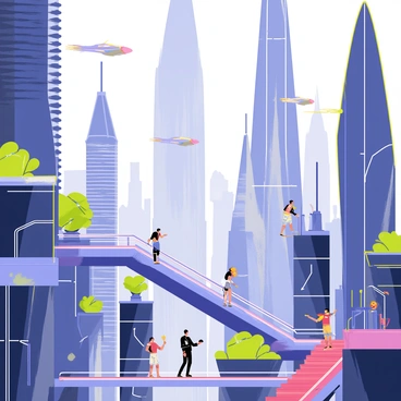 A futuristic city with tall, sleek high-rises made of glass and metal, reflecting the sunlight. Flying cars with streamlined designs and bright lights zip through the sky between the buildings. Glowing walkways with vibrant neon colors weave through the cityscape, connecting different levels of the city. There are clusters of greenery on rooftops, adding a touch of nature amidst the modern architecture. The atmosphere is bustling, with people moving along the walkways and enjoying the vibrant urban environment.