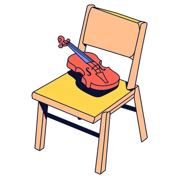 A wooden violin with a glossy finish rests against a simple wooden chair. The chair has a straight back and sturdy legs, positioned on a plain surface. The violin is angled slightly, showcasing its elegant curves and four distinct strings. There is a soft shadow cast by the chair and violin, creating a sense of depth in the scene.