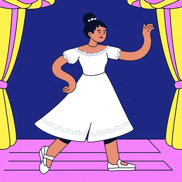 A woman standing in the wings of a theater, dressed in a flowing white ballet costume with delicate lace details. She has her hair elegantly styled in a tight bun, adorned with a small decorative hairpiece. The stage is dimly lit, with the glow of the spotlight illuminating the wooden floor. In the background, colorful stage curtains hang, partially drawn aside to reveal the illuminated stage. The woman has a focused expression, stretching her arms and legs as she prepares for her performance.