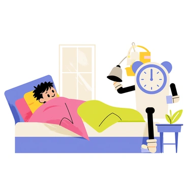 A small robot with a round clock face and two mechanical arms is standing beside a bed. The robot is holding a shiny silver bell in one hand and is gently shaking it to wake someone up. The bed has colorful blankets, and the person is covered up, partially visible with tousled hair. The room has a cheerful atmosphere with a window showing bright sunlight coming in, and a small plant on the bedside table.