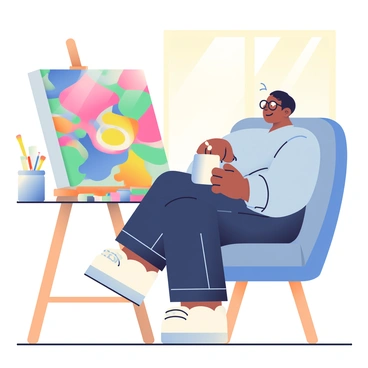 An artist with short black hair and glasses is leaning back in a comfy, wooden chair. They are wearing a loose-fitting, light blue shirt with rolled-up sleeves and dark jeans. In their right hand, they are holding a white mug filled with steaming coffee. On the easel in front of them is a large canvas featuring a colorful, half-finished artwork with a vibrant abstract design. The artist is gazing thoughtfully at the canvas, with a slight smile on their face. The studio is filled with paintbrushes in a jar, tubes of paint scattered on the table, and bright sunlight streaming through a nearby window, illuminating the scene.