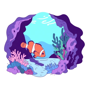 A vibrant orange clownfish is swimming curiously through a lush, intricate coral reef. The clownfish darts into a hidden cave, which is surrounded by colorful coral formations in various shapes and sizes. Sunlight filters through the water above, casting soft patterns on the cave walls. The interior of the cave features textured surfaces covered in small marine plants and anemones, adding depth to the underwater scene. The clownfish's fins flutter gracefully as it navigates through this underwater wonder.