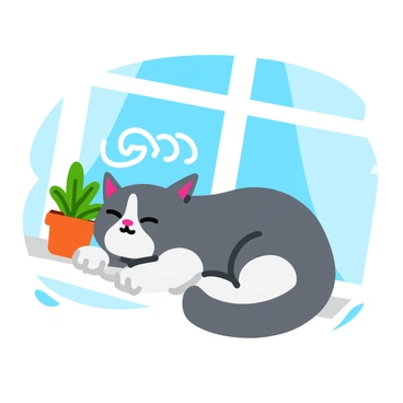 A fluffy gray cat with white patches is curled up comfortably on a sunny windowsill. Its eyes are closed in contentment as it purrs, creating visible sound waves that expand gently in the air around it. The windowsill is decorated with small potted plants, and soft sunlight filters through the glass, casting a warm glow on the scene. The background shows a clear blue sky outside, enhancing the peaceful atmosphere.