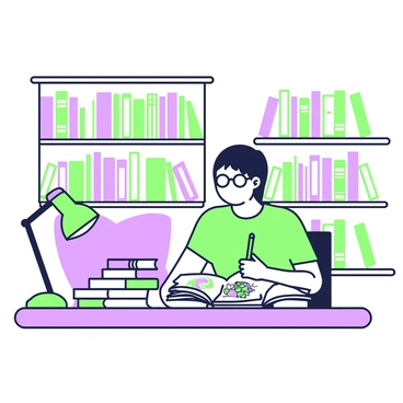 A quiet corner of a library is filled with shelves lined with books. In the center, there is a wooden table with a stack of open books. A person sits at the table, focused on illustrating scenes from a book. The person has short hair and wears glasses, with a sketchbook in front of them. They hold a green pencil in their right hand, while their left hand rests on an open book displaying vivid illustrations. The warm light from a nearby lamp casts soft shadows on the table, enhancing the peaceful atmosphere of the library corner.