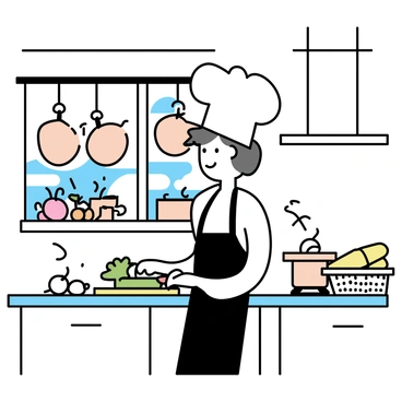 A chef, wearing a traditional white toque and a black apron, is standing in a softly lit Parisian kitchen. He is skillfully chopping vegetables on a wooden cutting board placed on a marble countertop. Various fresh ingredients such as herbs, tomatoes, and onions are scattered around him. Copper pots and pans hang from a rack above the stove, and a baguette rests in a wicker basket nearby. The kitchen features classic white cabinetry, with a window revealing a glimpse of the Paris skyline outside. The chef's focused expression conveys his expertise as he demonstrates the art of cooking.