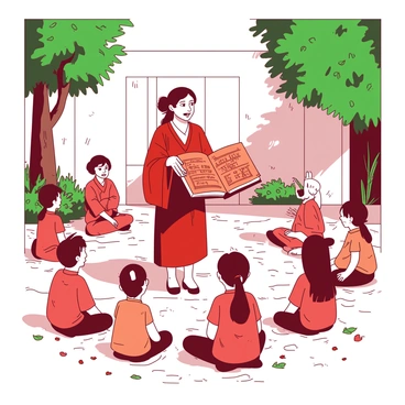 A red teacher is standing in the center of an open courtyard, engaging with a group of young students sitting cross-legged around her. The teacher has an expressive face, holding a large, open orange book displaying intricate illustrations of ancient scripts. The students, a diverse group of children with various hair colors, are attentively looking up at the teacher, some with hands raised. The courtyard is surrounded by green trees and has a cobblestone floor with scattered leaves. Sunlight filters through the branches, casting playful shadows on the ground.