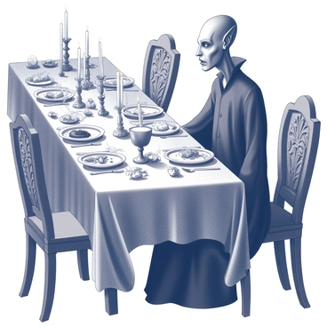 A figure resembling "Nosferatu" is seated at a long, dusty banquet table. The table is adorned with an array of antique dishes, silverware, and flickering candles casting shadows. The atmosphere is dim, with cobwebs hanging from the edges of the table. The figure has elongated features, with pointed ears and sharp fangs visible as it gazes intently at the empty place settings around it. Various food items are scattered across the table, including a large, ornate goblet filled with dark liquid and a plate with remnants of what appears to be a meal. The wooden chairs surrounding the table are elaborately carved, adding to the eerie setting.