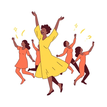 A yellow monoline figure is dancing joyfully with arms raised high in a rhythmic pose. The figure has a smile that radiates happiness, and its body is elegantly curved to suggest movement. Surrounding the figure are several orange monoline figures, each in different dancing poses, adding to the feeling of celebration and energy. The background is simple, allowing the focus to remain on the dynamic figures expressing joy through their dance.