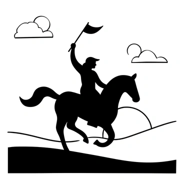 A woman in armor riding a horse, with a flag held high in one hand, creating a bold silhouette. The horse is strong and athletic, galloping forward with determination. In the background, the sun is rising, casting light that outlines the figure, while a few clouds are scattered across the sky. The landscape below is simple, with rolling hills that gently fade into the horizon, emphasizing the height of the silhouette against the sunrise.