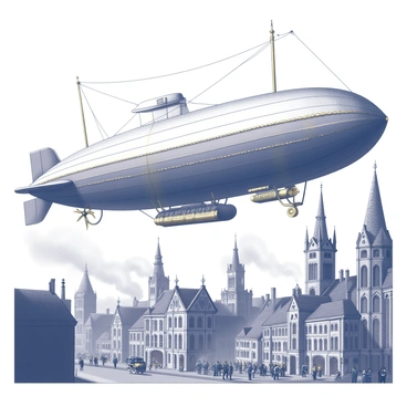 An airship with ornate brass fittings and billowing sails is flying above a busy Victorian city. The airship features large propellers and a streamlined shape, showcasing intricate details like gears and rivets. Below, the city is filled with towering buildings made of stone and brick, adorned with intricate carvings and spires. Streets are bustling with people dressed in Victorian-era clothing, some walking, while others are riding in horse-drawn carriages. Smoke rises from chimneys, blending into the cloudy sky above. The overall atmosphere is vibrant and dynamic, capturing the essence of a thriving urban landscape.