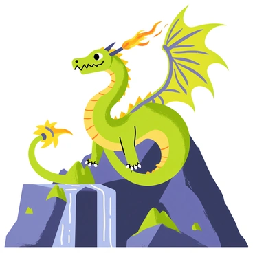 A mighty dragon with shimmering green scales is perched atop a rugged mountain peak. Its wings are spread wide, showcasing intricate patterns in vibrant colors. The dragon's eyes glow fiercely as it breathes a stream of bright orange and yellow flames into the clear blue sky. Below, the rocky terrain is dotted with patches of dark green forests and small waterfalls cascading down the mountainside. The sun casts shadows, highlighting the dragon's powerful silhouette against the sky.