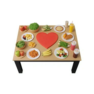 A rectangular table set with two distinct sections. On one side, there are a variety of healthy food choices such as vibrant green leafy vegetables, colorful fruits like apples, bananas, and berries, whole grains like brown rice and quinoa, and lean proteins such as grilled chicken and fish. On the opposite side, there are unhealthy snacks including chips, sugary candies, and sugary sodas, arranged in a visually contrasting manner. In the center of the table, there is a large red heart symbol, representing health and wellness, surrounded by small images of fruits and vegetables. The overall layout is organized, inviting, and visually appealing.