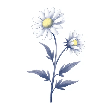 A detailed botanical illustration featuring a chamomile plant. The plant is depicted with its various parts clearly labeled. Show the roots, stem, and leaves in a natural arrangement, emphasizing the serrated edges of the leaves. The flowers should be displayed prominently, showcasing the circular arrangement of white petals surrounding a yellow center. Each section is meticulously detailed to highlight the structure and anatomy. The background is plain to enhance the visibility of the chamomile plant details.