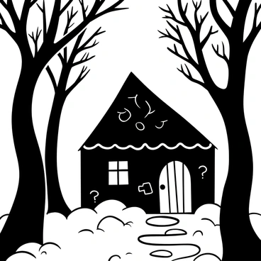 An eerie cottage standing in the center of a foggy forest, with twisted trees leaning ominously towards it. The cottage is constructed from dark wood, with a steep, gabled roof covered in moss. Shadows cast by the trees stretch across the ground, creating a sense of depth. Wisps of fog curl around the base of the cottage, partially obscuring its entrance. The twisted branches of the trees intertwine above, creating an almost canopy-like effect, enhancing the secluded atmosphere. A path made of irregular stones leads toward the door of the cottage, adding to the sense of mystery.