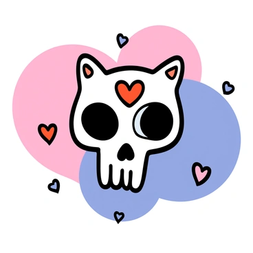 A cat skull with intricate details, featuring a heart motif engraved on its forehead. The skull is positioned centrally, with soft pastel colors swirling around it, including shades of pink, blue, and lavender. The background has a gentle gradient of these pastel colors, creating a harmonious blend that enhances the focal point of the skull. Small heart shapes are scattered throughout the pastel colors, adding a whimsical touch to the composition.