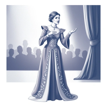 An opera singer stands center stage, projecting their voice with powerful intensity. The singer is dressed in an ornate costume featuring intricate patterns and embellishments, showcasing a combination of textures and details. The costume includes flowing fabrics that cascade elegantly to the floor. The stage is set with dramatic lighting that highlights the singer's presence, while the background features a curtain, partially drawn, creating an atmosphere of anticipation. The audience is visible in the distance, captivated by the performance.