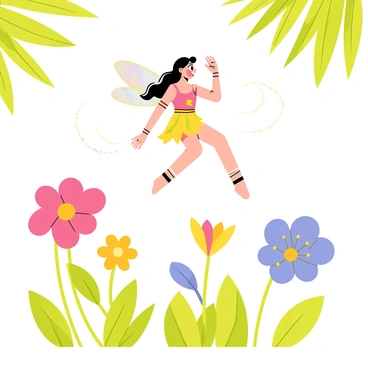 A tiny fairy with iridescent wings is jumping between colorful flowers. The flowers are vibrant, with shades of pink, yellow, and blue, creating a lively garden scene. As the fairy leaps from one bloom to another, she leaves a shimmering trail of sparkles in the air. The fairy has a joyful expression, and her hair flows gracefully behind her. Sunlight filters through the leaves, enhancing the magical atmosphere of the scene.