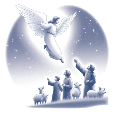 An angel with large, majestic wings is descending from the sky, surrounded by a radiant light. The angel is positioned above a group of shepherds, who are standing in a grassy field. The shepherds, dressed in simple robes, are gazing up in awe, with expressions of wonder on their faces. One of the shepherds is raising an arm, as if in greeting or acknowledgment. The background features a night sky filled with stars, creating a serene atmosphere. The scene captures the moment of announcement, with the angel gesturing as if delivering a message.