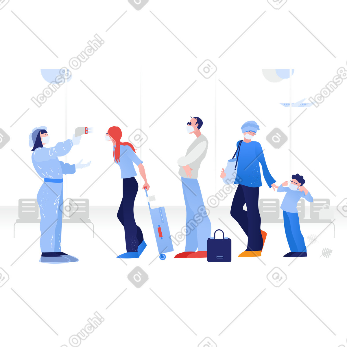 Doctor checking temperature of queuing passengers in airport illustration Clip style download PNG, SVG
