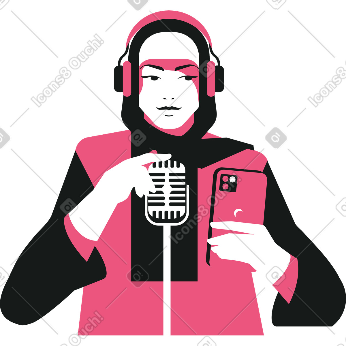 Lounge スタイルの 電話とマイクを備えたヘッドフォンの女性 のイラストをPNG、SVG形式でダウンロード