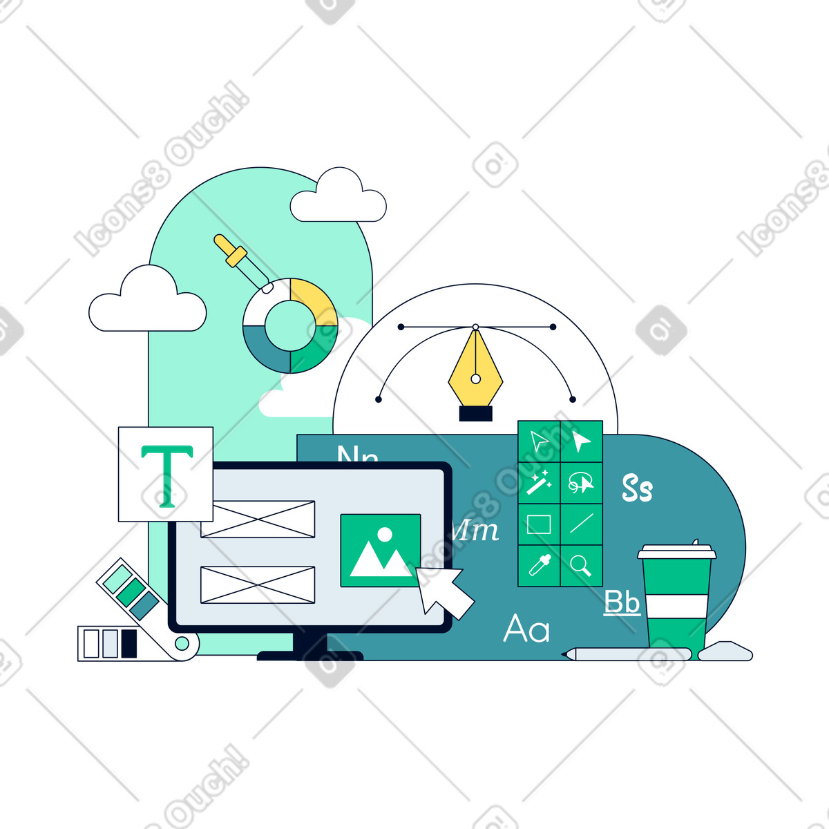 Digital workspace with graphic design tools, Creative project process illustration in PNG, SVG