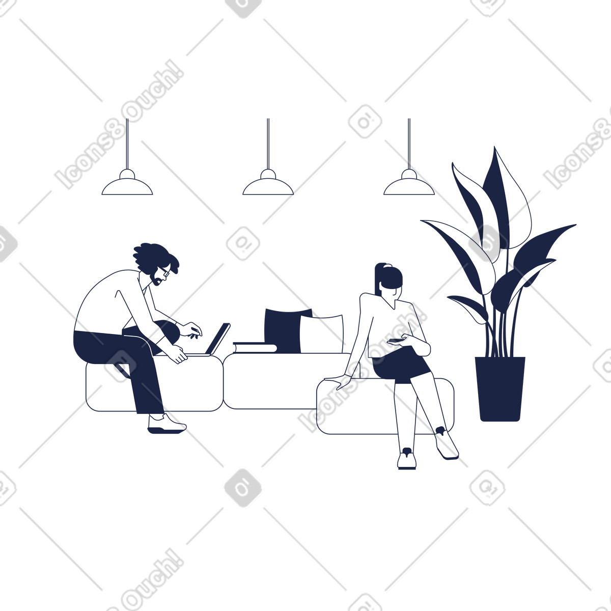 L'uomo e la donna con i gadget stanno lavorando, sullo sfondo dello spazio di coworking illustrazione in stile Urban Line scarica in PNG, SVG