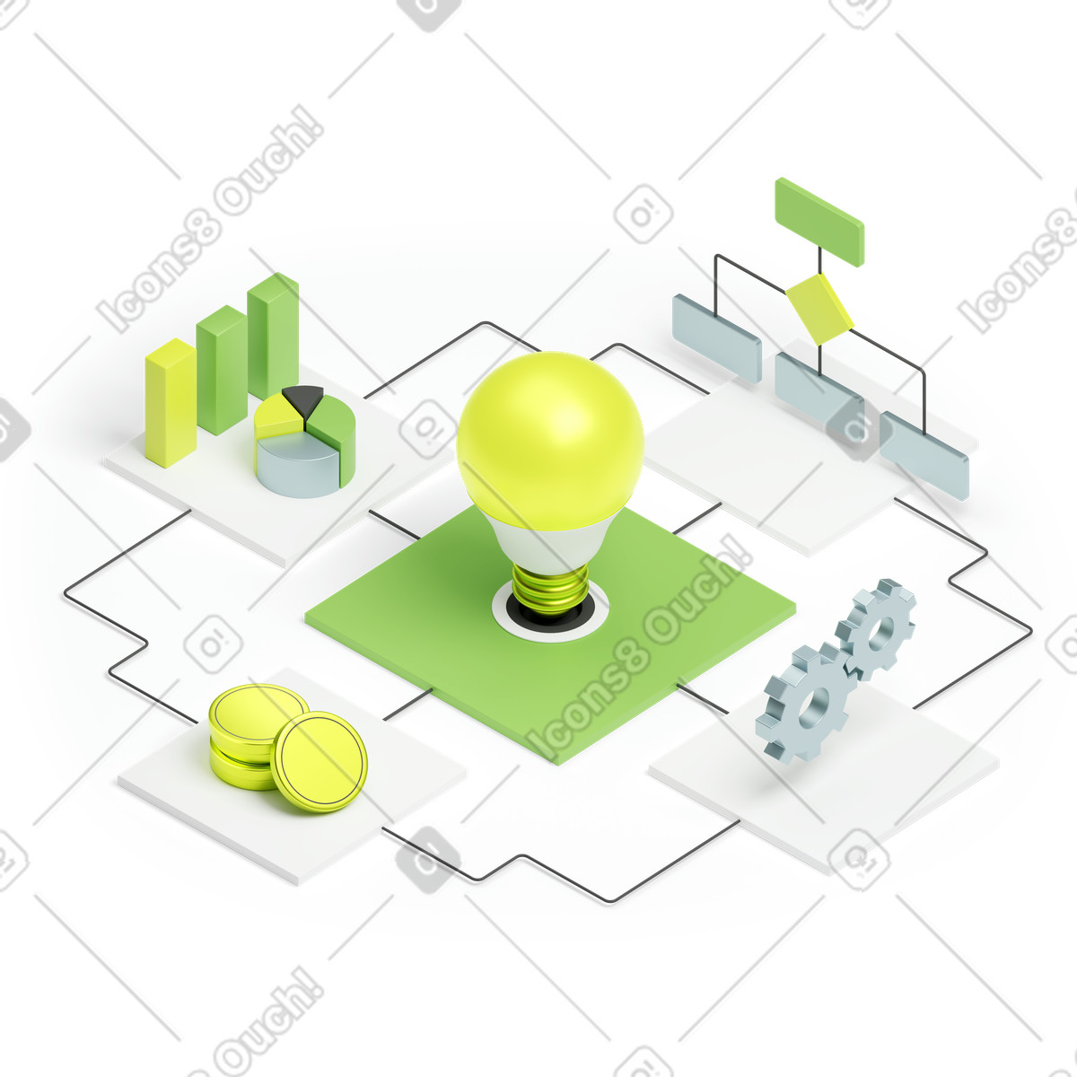 Illustration animée Lightbulb with charts and gears, Business innovation project management dans le style 3D Isometric à télécharger aux formats GIF, Lottie (JSON), AE