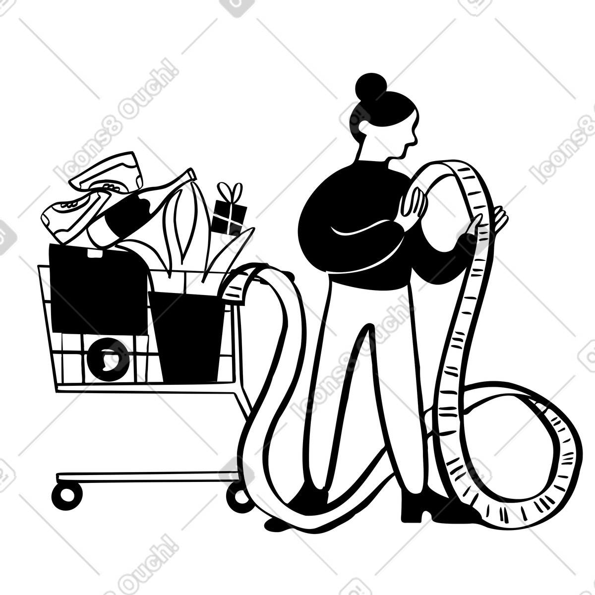 Woman with shopping cart looking at receipt illustration clipart in PNG SVG GIF