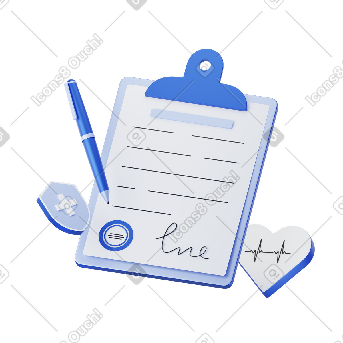 Signed health insurance policy on clipboard animated illustration in 3D Techny style download in GIF, Lottie (JSON), AE
