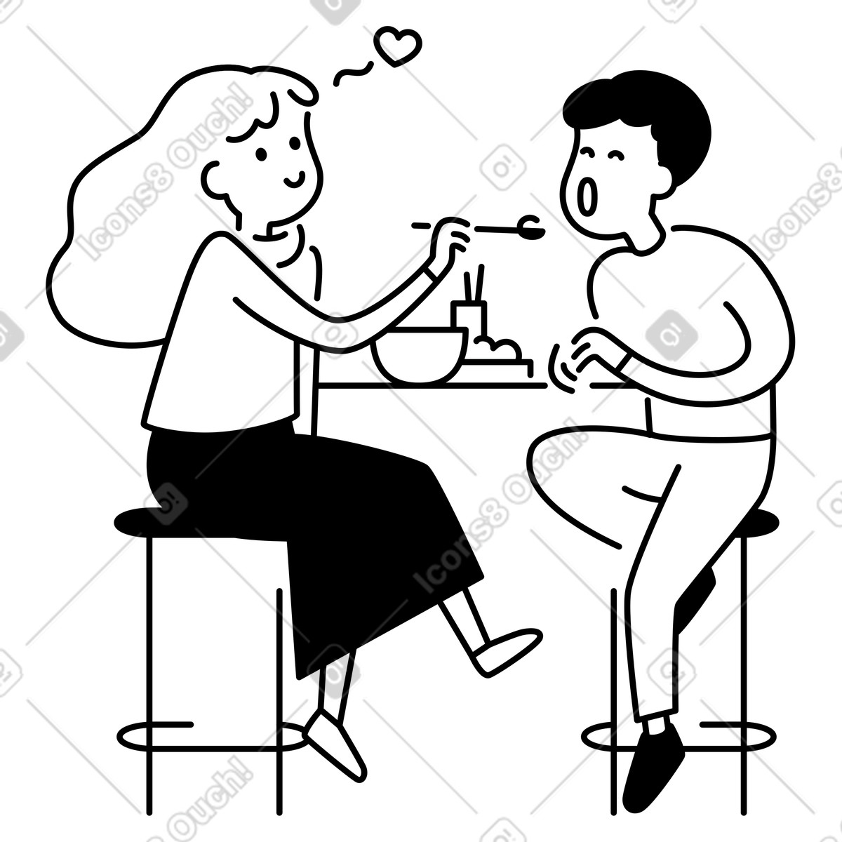 下载 Notion Line Art 风格的 Couple eating together sharing food with bowl and heart symbol 插画，支持 PNG、SVG 格式