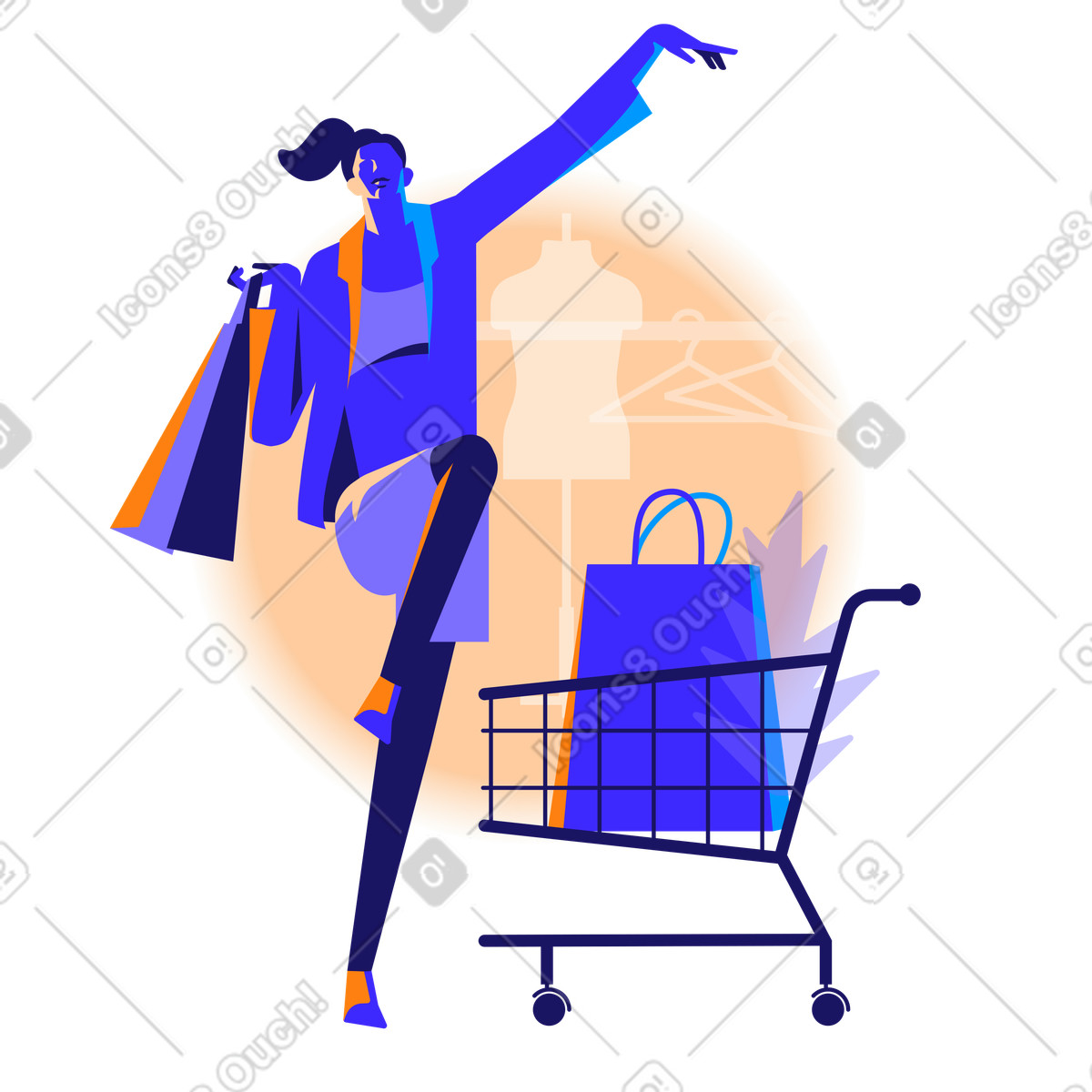 Ilustración Mujer feliz yendo de compras en estilo Worky a descargar en PNG y SVG
