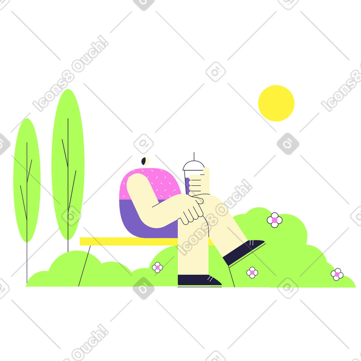 Uomo che si gode il bel tempo seduto all'aperto con una bevanda fresca illustrazione in stile Mellow scarica in PNG, SVG