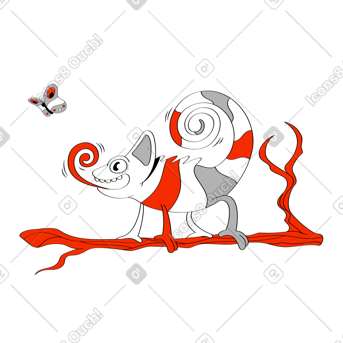 Ilustración Camaleón en rama atrapando una mariposa estilo Looney a descargar PNG y SVG
