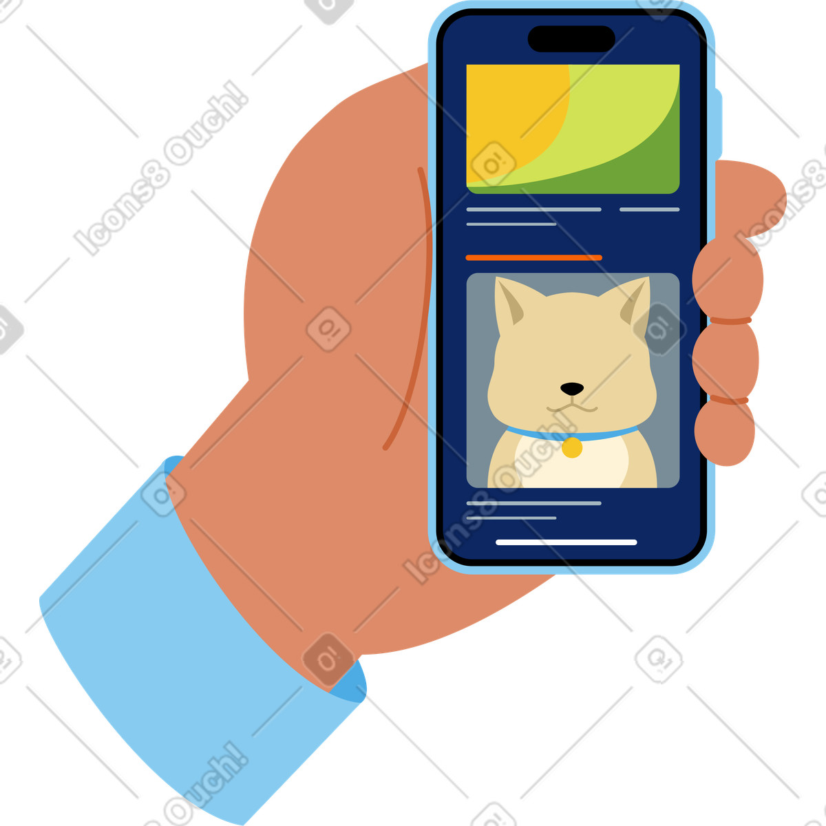 Illustration Main tenant un smartphone avec flux de médias sociaux dans le style Catchy à télécharger aux formats PNG, SVG