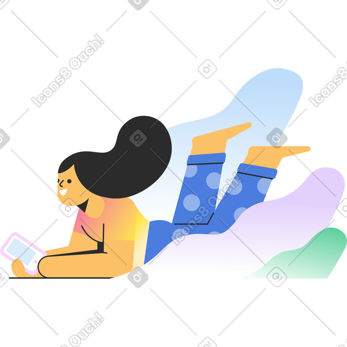 Flying woman with cell phone in clouds illustration Marginalia style download PNG, SVG