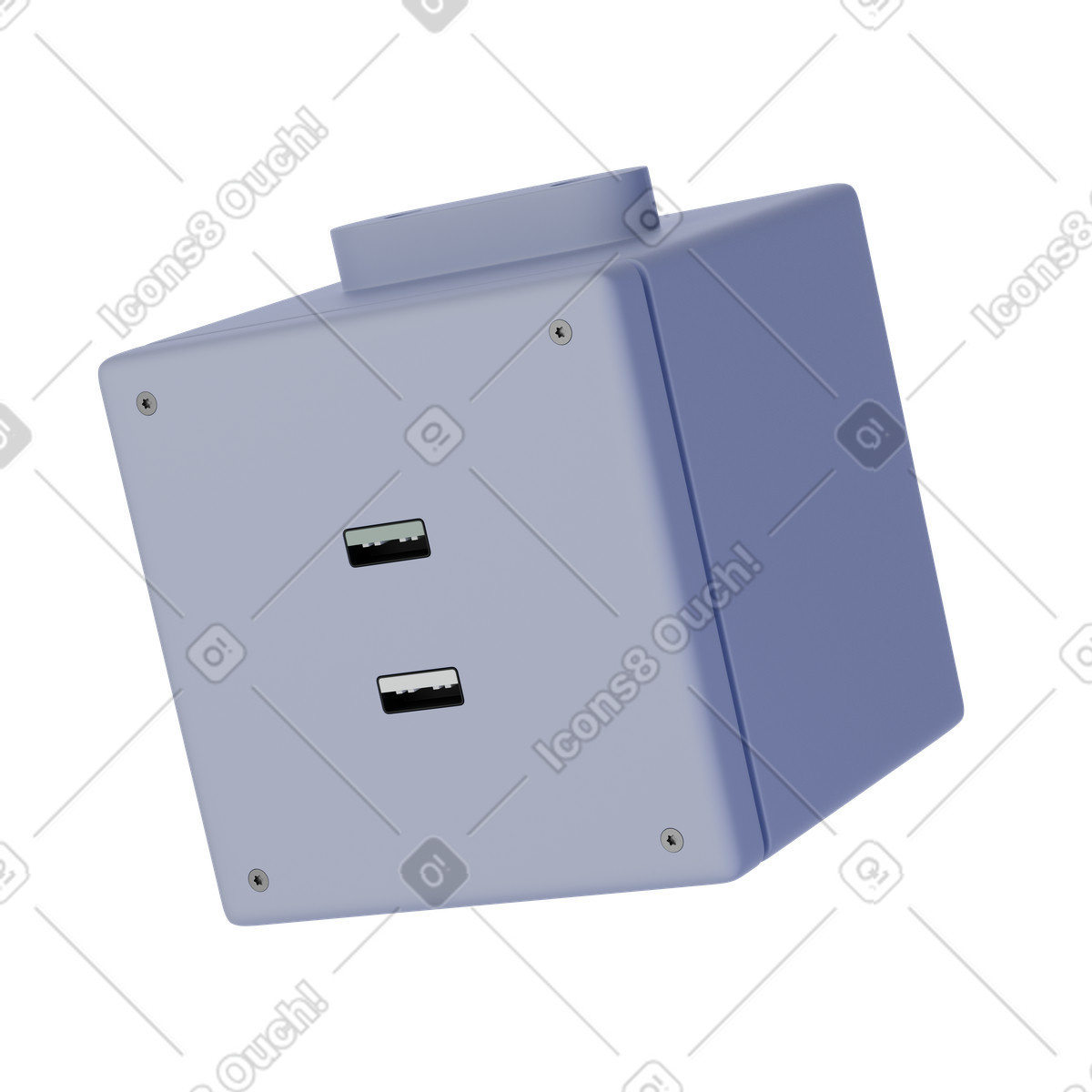 Ilustración Violet usb hub power strip cube, Extension socket adapter, Electrical outlet render en estilo 3D Product a descargar en PNG y SVG