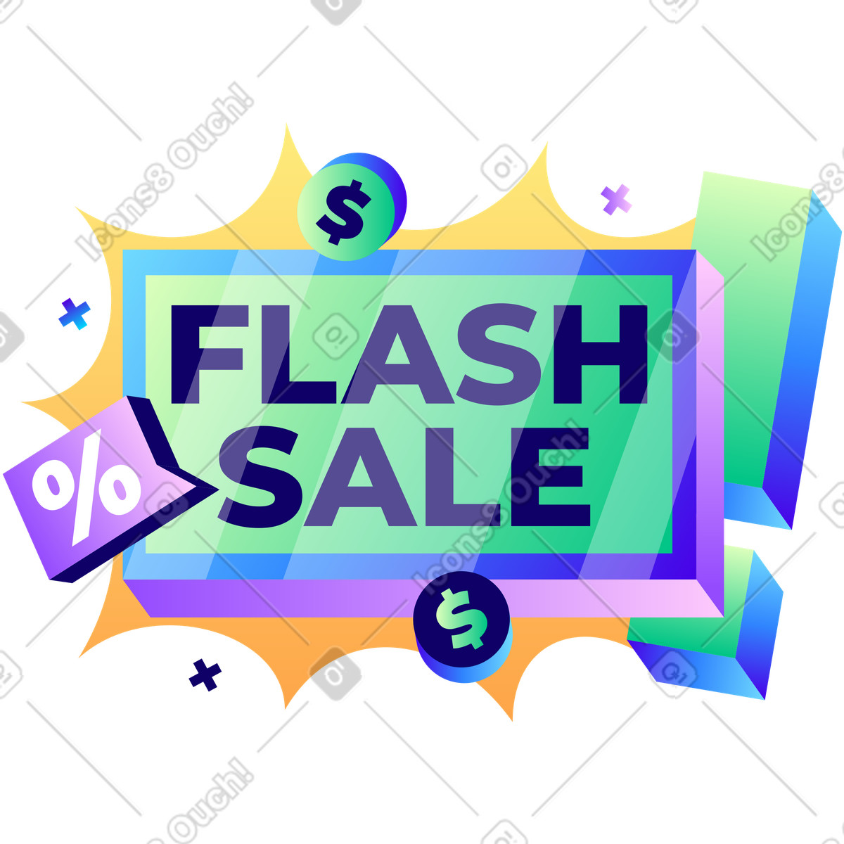 Ilustración Venta flash de letras con monedas y texto signo porcentaje en estilo Lettering a descargar en PNG SVG